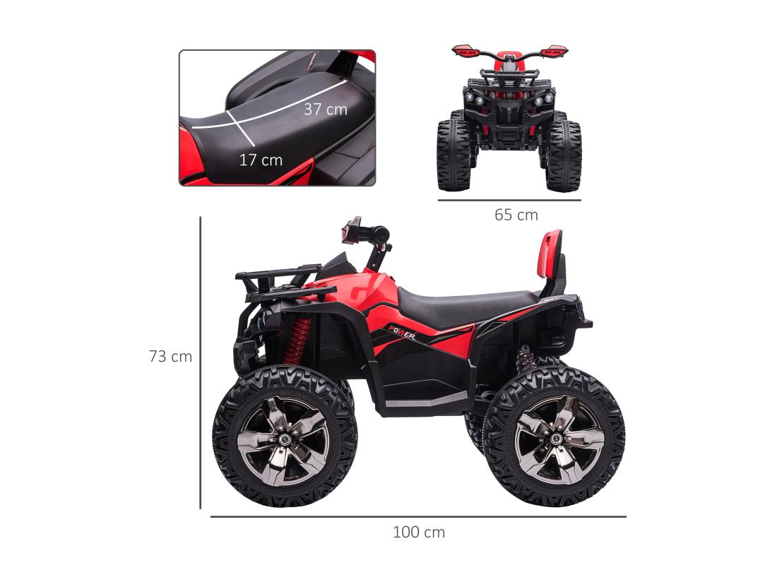 Vente Unique Voiture 4x4 Quad Buggy électrique Enfant 12 V 5 Km/h Max. Effets Lumineux Sonores Selle Avec Dossier Porte-bagage Avant Métal PP Rouge Noir