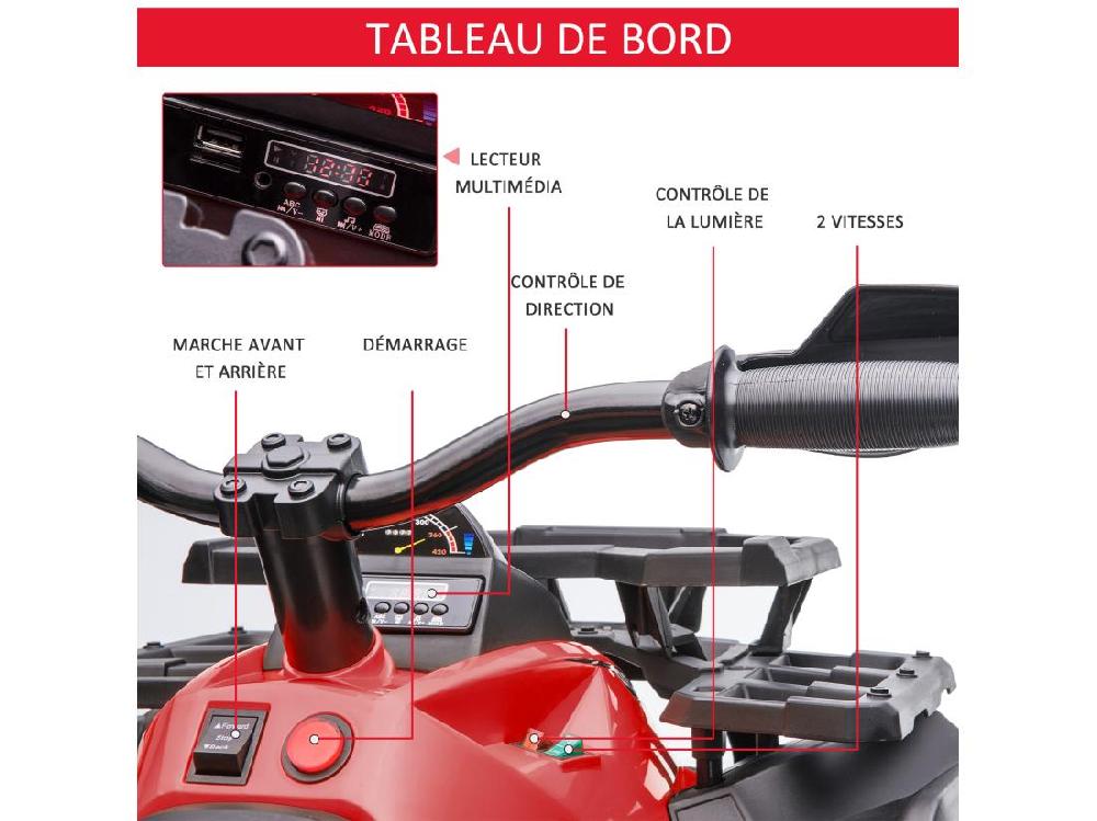 Vente Unique Voiture 4x4 Quad Buggy électrique Enfant 12 V 5 Km/h Max. Effets Lumineux Sonores Selle Avec Dossier Porte-bagage Avant Métal PP Rouge Noir