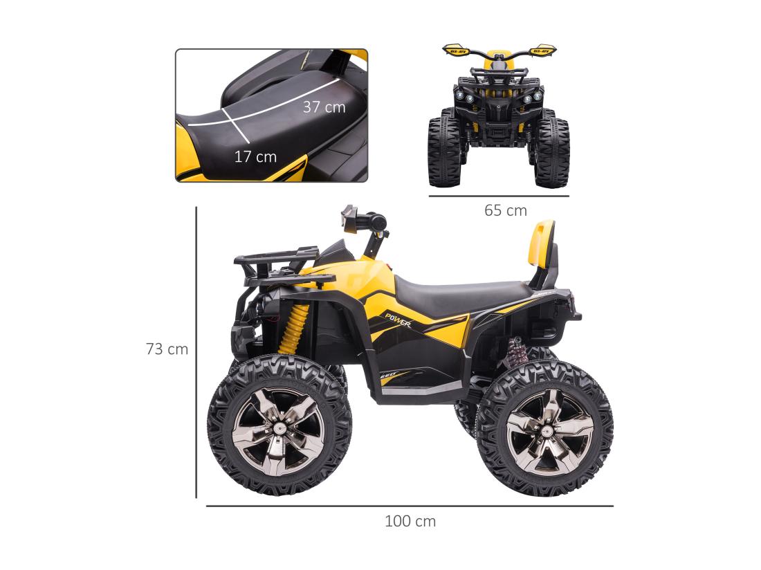 Vente Unique Voiture 4x4 Quad Buggy électrique Enfant 12 V 5 Km/h Max. Effets Lumineux Sonores Selle Avec Dossier Porte-bagage Avant Métal PP Jaune Noir