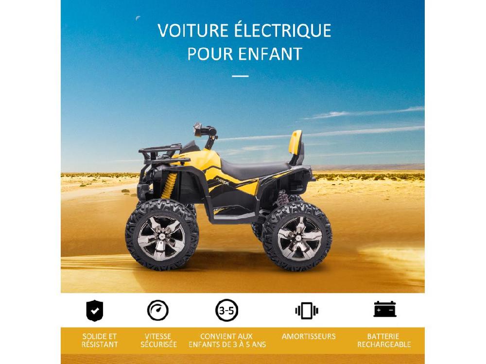 Vente Unique Voiture 4x4 Quad Buggy électrique Enfant 12 V 5 Km/h Max. Effets Lumineux Sonores Selle Avec Dossier Porte-bagage Avant Métal PP Jaune Noir