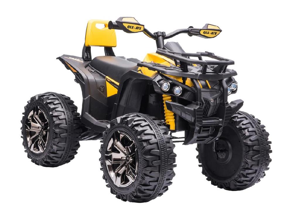Vente Unique Voiture 4x4 Quad Buggy électrique Enfant 12 V 5 Km/h Max. Effets Lumineux Sonores Selle Avec Dossier Porte-bagage Avant Métal PP Jaune Noir