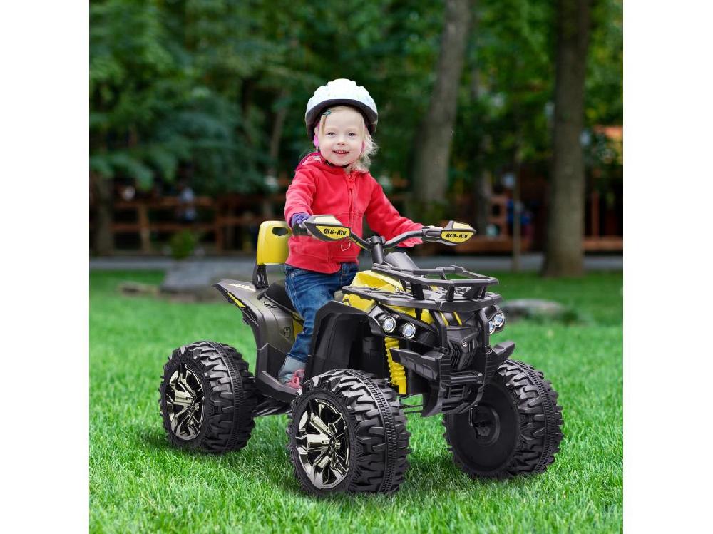 vente unique Voiture 4x4 quad buggy électrique enfant 12 V 5 Km/h max. effets lumineux sonores selle avec dossier porte-bagage avant métal PP jaune noir
