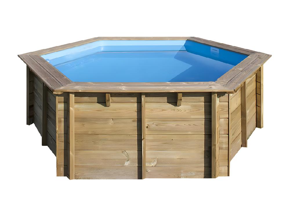 vente unique WATERCLIP - Piscine bois FSC hexagonale Ø395cm -v7.5m2 - Autoclave IV - Liner 60/100 - Rainurée languette - Filtration 4m3/h + Echelle - EWEN