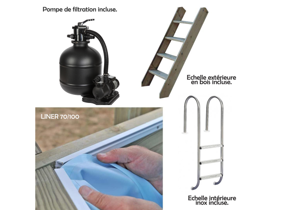 Vente Unique WATERCLIP - Piscine Bois FSC Octogonale 541 X 350 Cm - 12m2 - Autoclave IV - Liner 70/100 - Rainurée Languette + Filtration 8m3/h + Echelle - EMEO