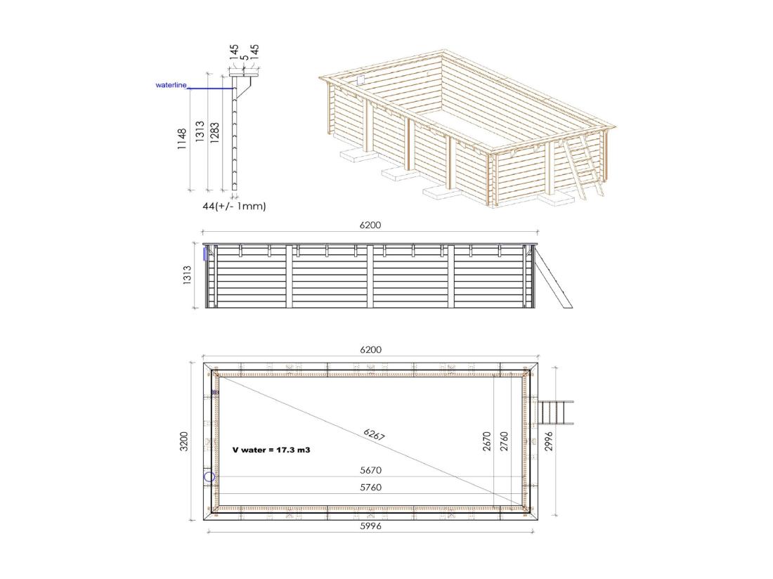 vente unique WATERCLIP - Piscine bois FSC rectangulaire 620 x 300 cm - Autoclave IV - Liner 70/100 - Rainurée languette + Filtration 11m3/h + Echelle - ELLY