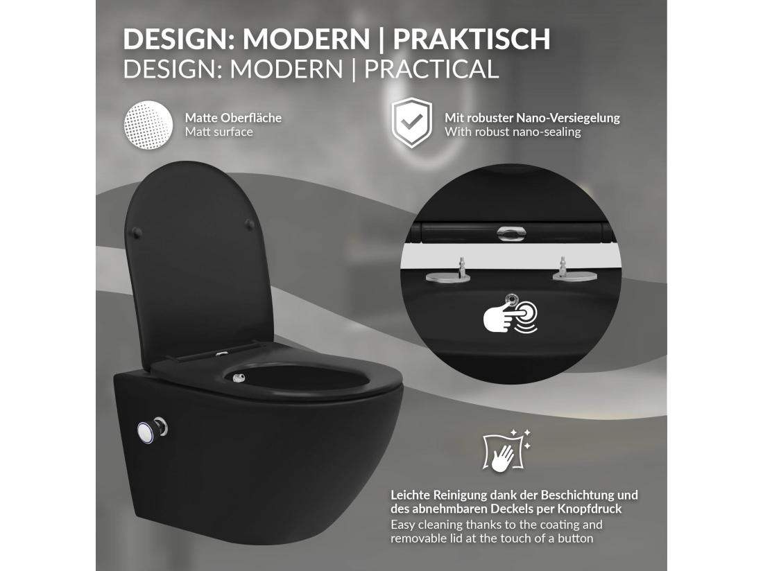 Vente Unique WC Suspendu Longue Nano Chasse D'eau Tornado Fonction Bidet Noir Siège Softclose