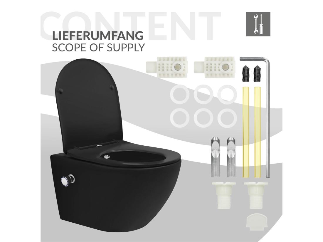 Vente Unique WC Suspendu Longue Nano Chasse D'eau Tornado Fonction Bidet Noir Siège Softclose