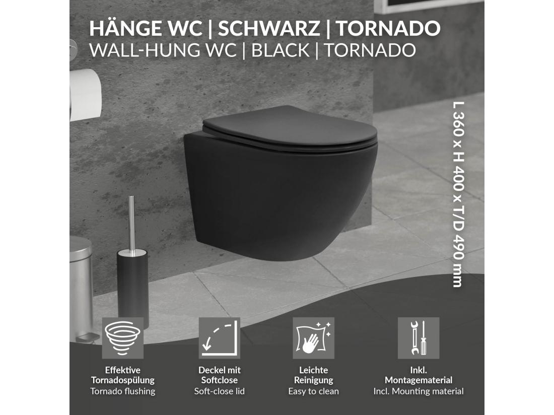 Vente Unique WC Suspendu Sans Rebord Court Noir Mat 49cm Chasse D'Eau Tornade En Céramique