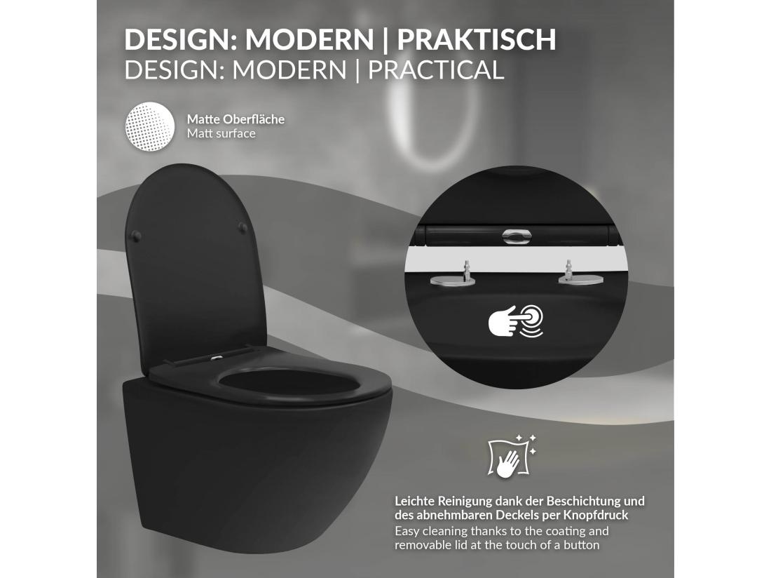 Vente Unique WC Suspendu Sans Rebord Court Noir Mat 49cm Chasse D'Eau Tornade En Céramique