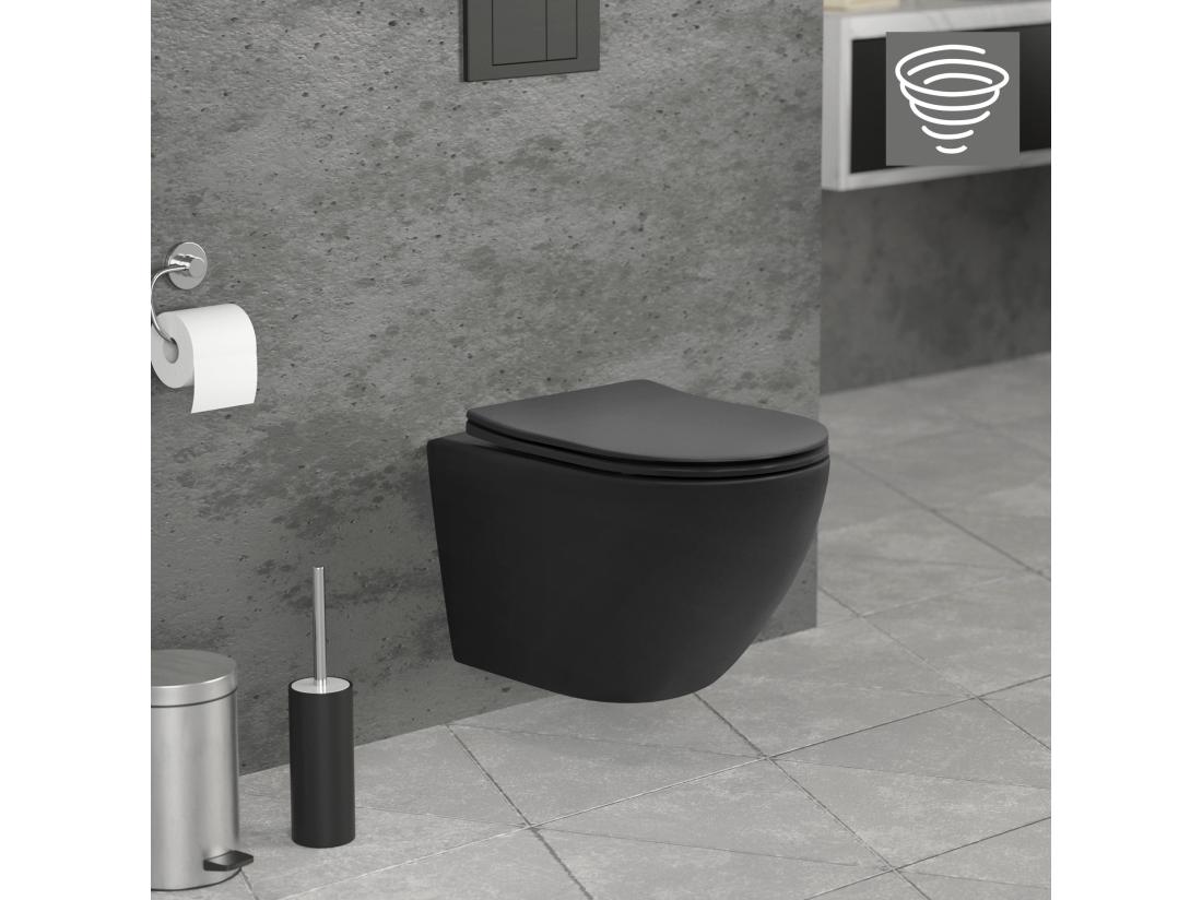vente unique WC Suspendu sans Rebord Court Noir Mat 49cm Chasse d'Eau Tornade en Céramique