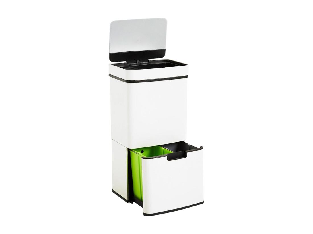 Vente Unique WELL HOME Poubelle De Tri 62L (37L+25L) Poubelle à 2 Compartiments Ouverture Automatique Avec Capteur En Inox Blanc