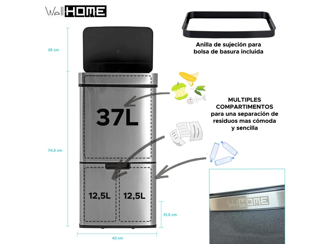 Vente Unique WELL HOME Poubelle De Tri 62L (37L+25L) Poubelle à 2 Compartiments Ouverture Automatique Avec Capteur En Inox Chromé