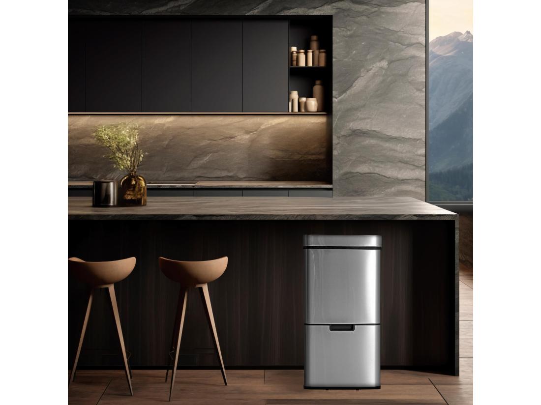 Vente Unique WELL HOME Poubelle De Tri 62L (37L+25L) Poubelle à 2 Compartiments Ouverture Automatique Avec Capteur En Inox Chromé