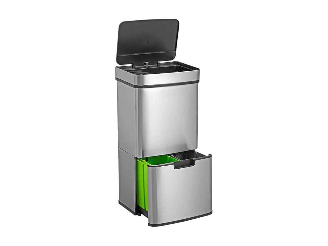 vente unique WELL HOME Poubelle de tri 62L (37L+25L) poubelle à 2 compartiments ouverture automatique avec capteur en inox chromé
