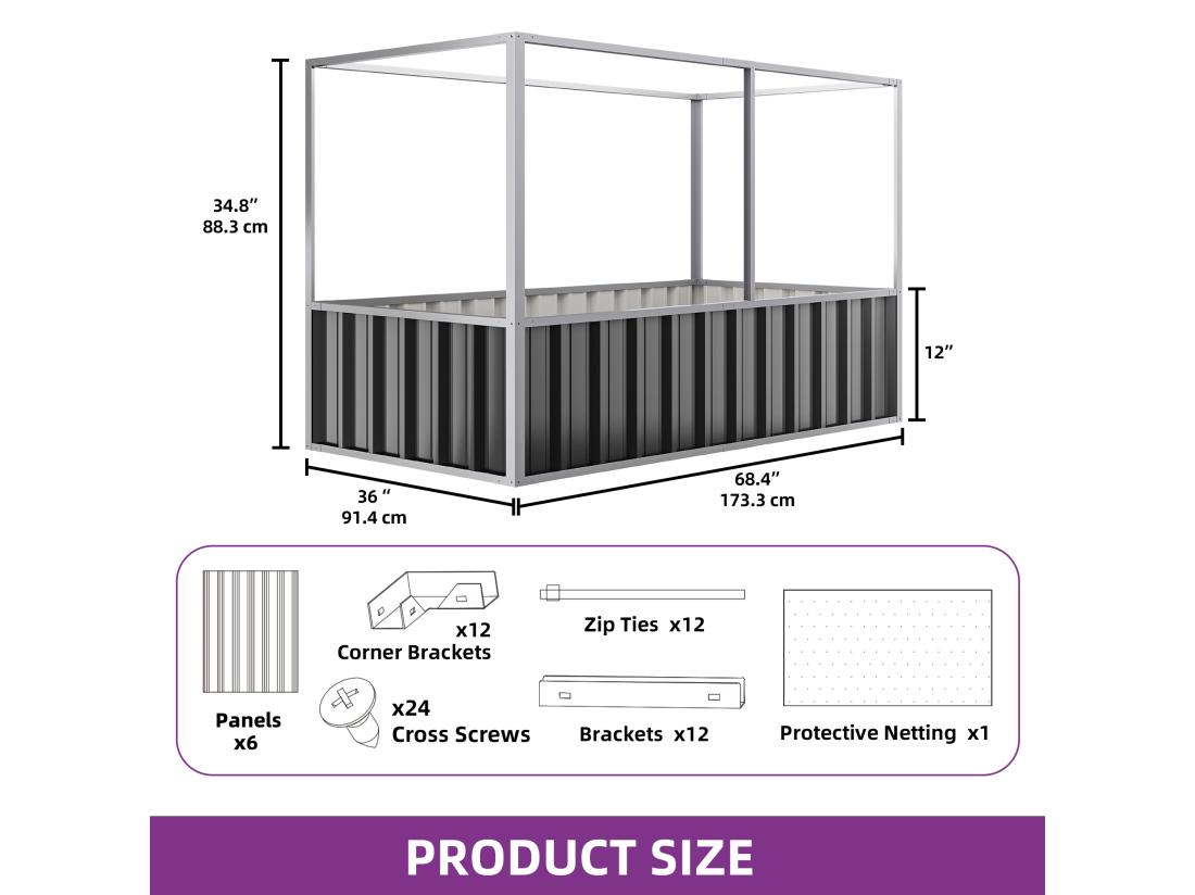 Vente Unique YITAHOME 174x90x88CM Carré Potager De Jardin - Avec Structure En Filet - Anti-oiseaux - En Métal Pour L'extérieur - Avec Gants - Noir