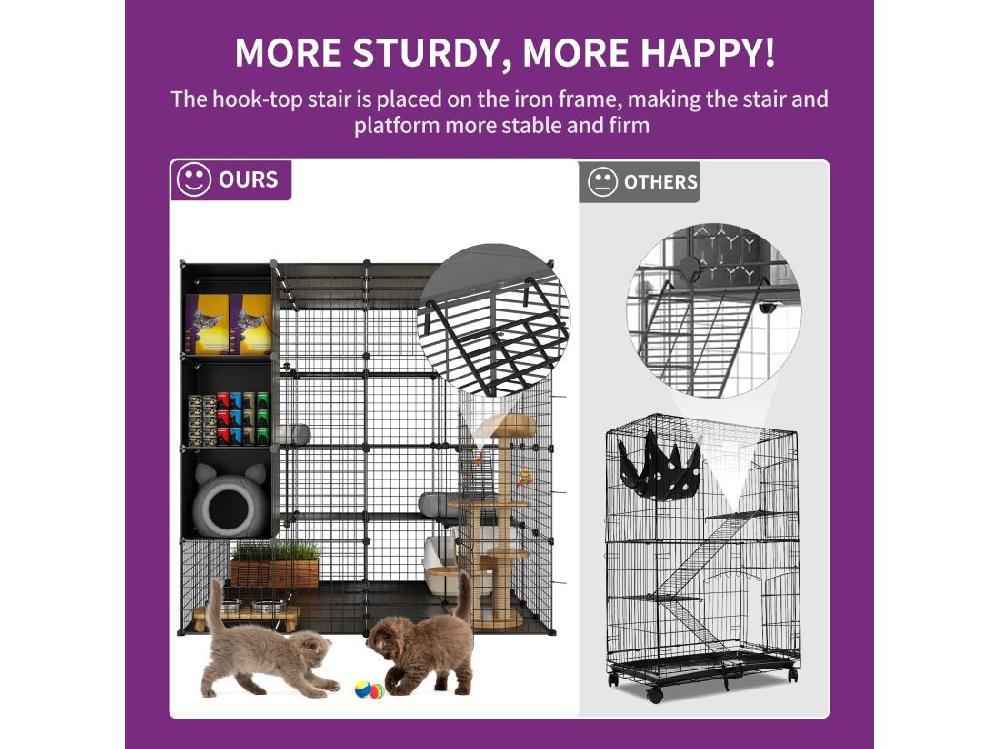 Vente Unique YITAHOME Cage à Chat Pour L'extérieur Et L'intérieur - 140x140x140-3 Niveaux - Pour 1-2 Chats - Lapin - Noir