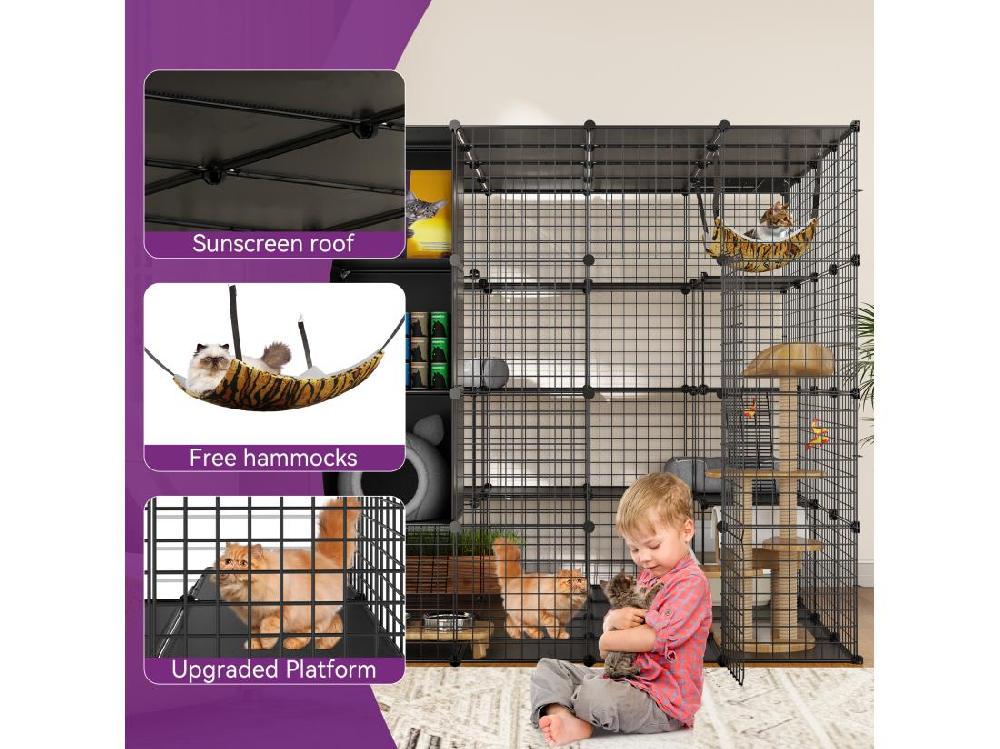 Vente Unique YITAHOME Cage à Chat Pour L'extérieur Et L'intérieur - 140x140x140-3 Niveaux - Pour 1-2 Chats - Lapin - Noir