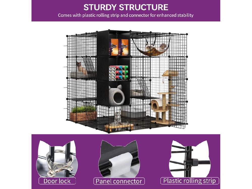 Vente Unique YITAHOME Cage à Chat Pour L'extérieur Et L'intérieur - 140x140x140-3 Niveaux - Pour 1-2 Chats - Lapin - Noir