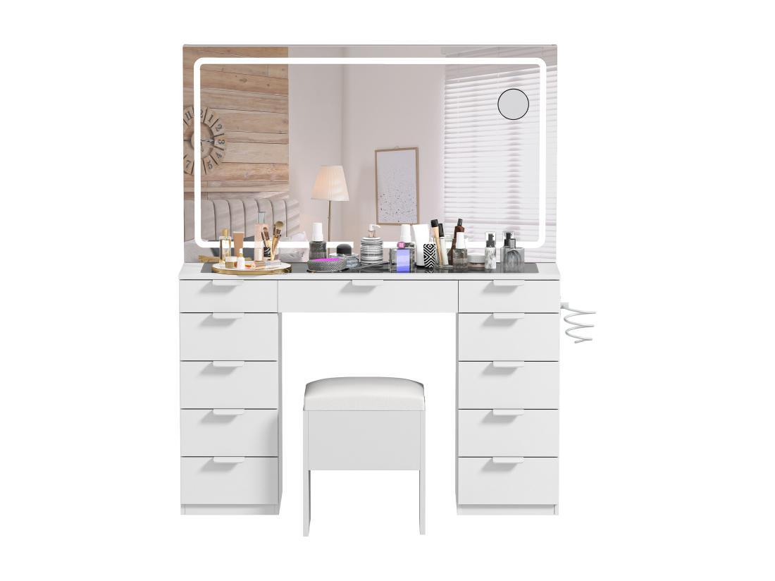 Vente Unique YITAHOME Coiffeuse Avec Éclairage LED - Coiffeuse Avec Miroir - Table De Maquillage Avec Prise Électrique - 11 Tiroirs - Blanc