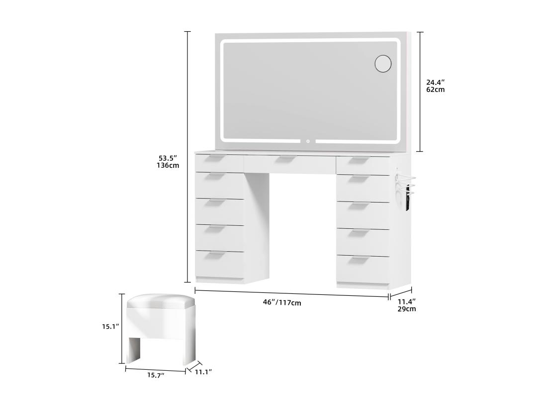 Vente Unique YITAHOME Coiffeuse Avec Éclairage LED - Coiffeuse Avec Miroir - Table De Maquillage Avec Prise Électrique - 11 Tiroirs - Blanc