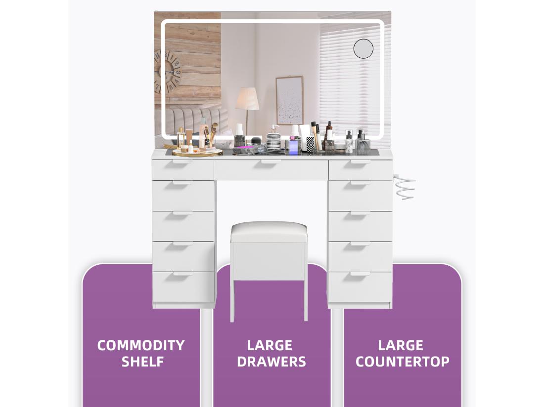 Vente Unique YITAHOME Coiffeuse Avec Éclairage LED - Coiffeuse Avec Miroir - Table De Maquillage Avec Prise Électrique - 11 Tiroirs - Blanc