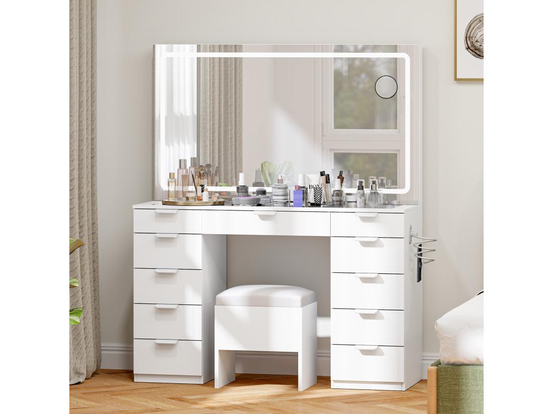 vente unique YITAHOME Coiffeuse avec Éclairage LED - Coiffeuse avec Miroir - Table de Maquillage avec Prise Électrique - 11 tiroirs - Blanc