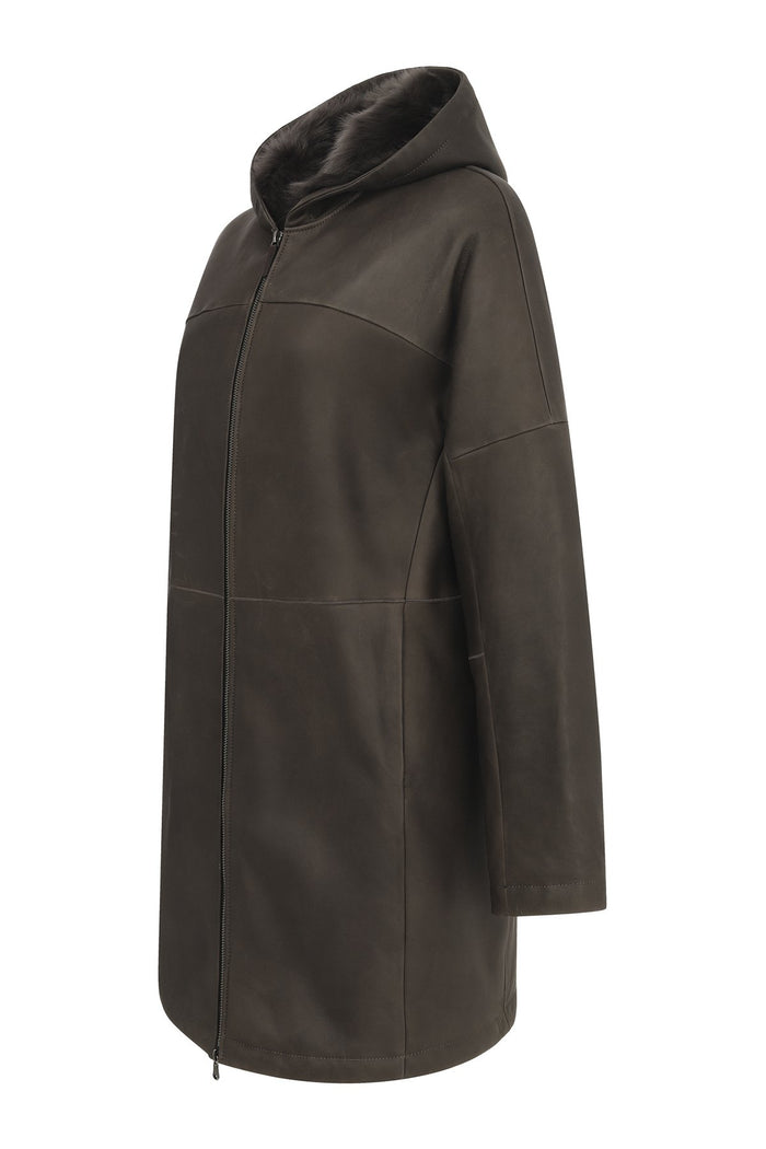 Vespucci By Vsp Manteau En Peau Lainée Marron Anthracite