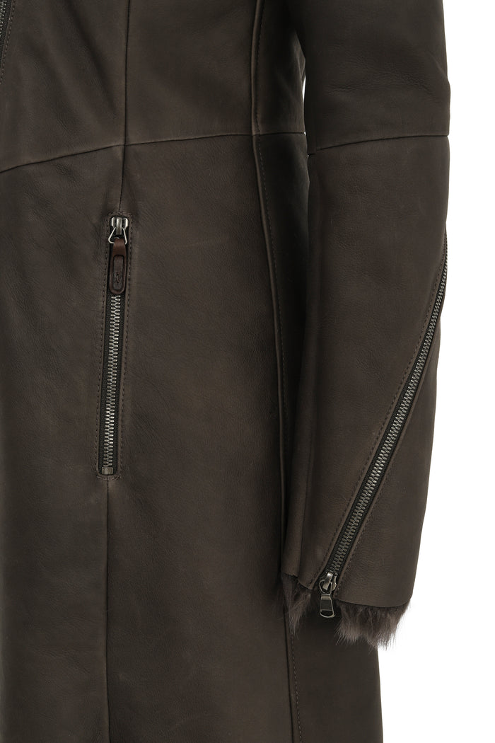 Vespucci By Vsp Manteau En Peau Lainée Marron Anthracite