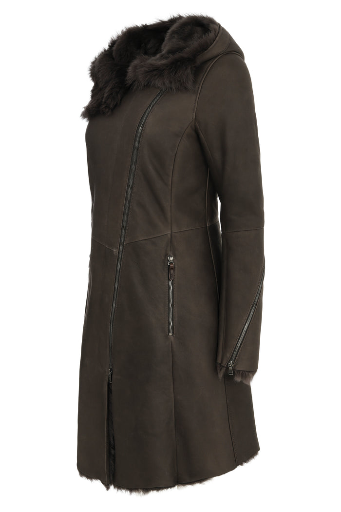 Vespucci By Vsp Manteau En Peau Lainée Marron Anthracite