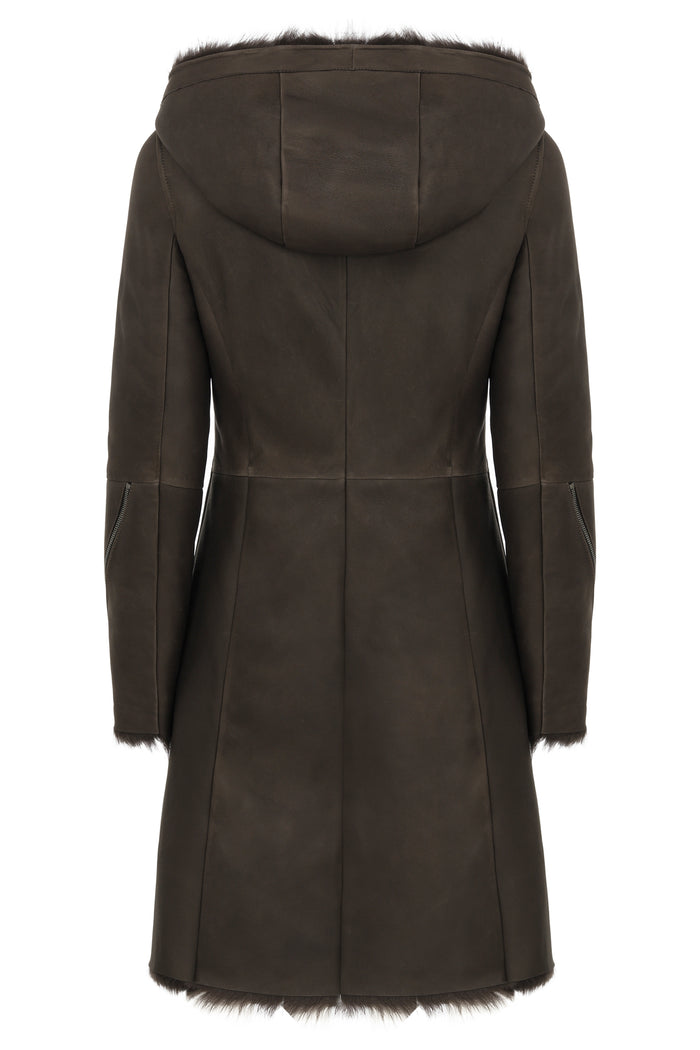 Vespucci By Vsp Manteau En Peau Lainée Marron Anthracite