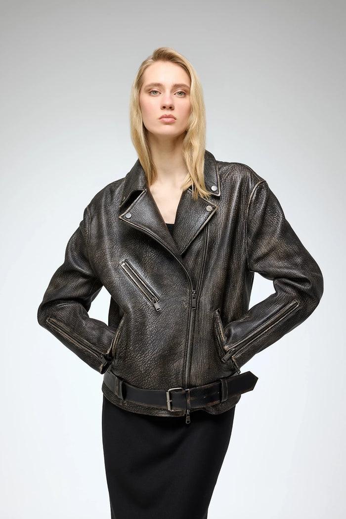 Vespucci By Vsp Marielle - Veste En Cuir Marron Anthracite