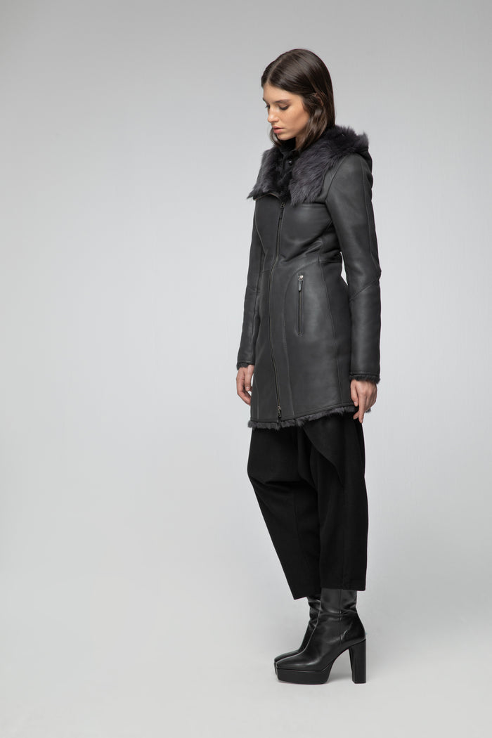 Vespucci By Vsp Manteau En Peau Lainée Anthracite
