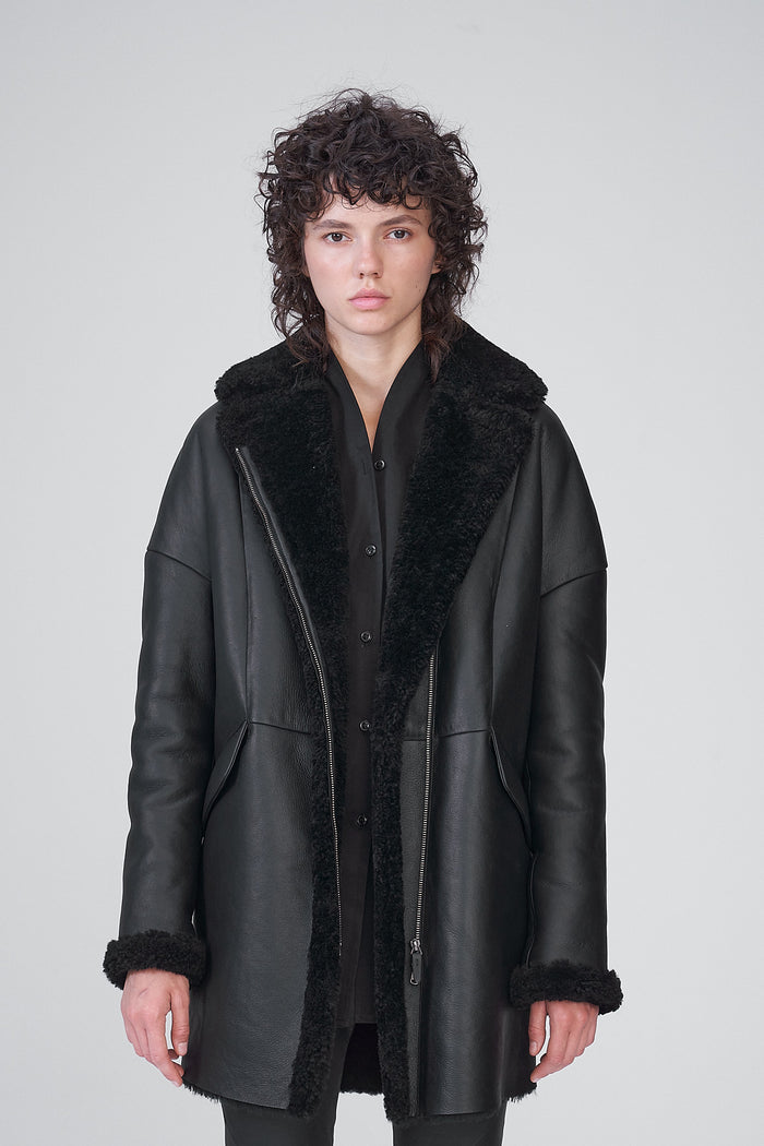 Vespucci By Vsp Manteau En Peau Lainée Noir