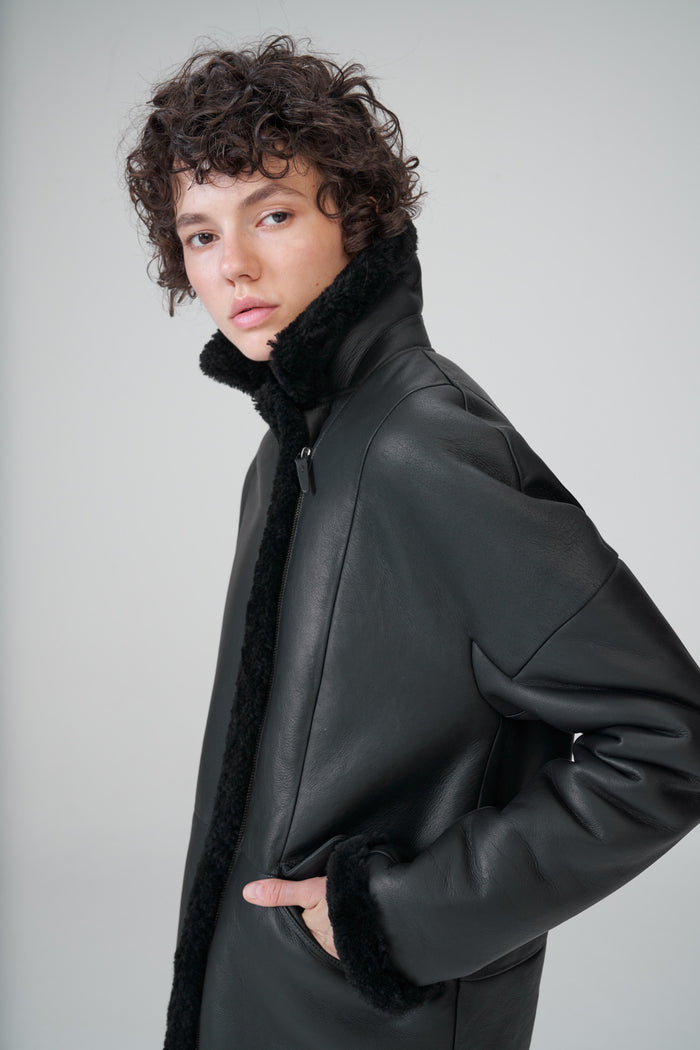 Vespucci By Vsp Manteau En Peau Lainée Noir
