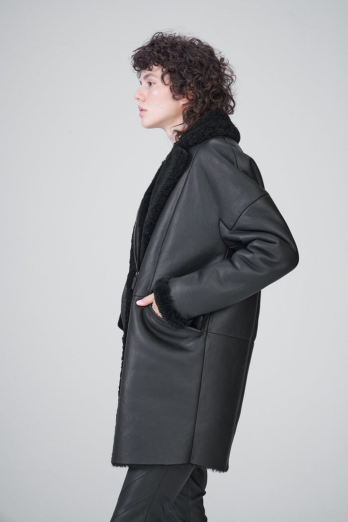 Vespucci By Vsp Manteau En Peau Lainée Noir