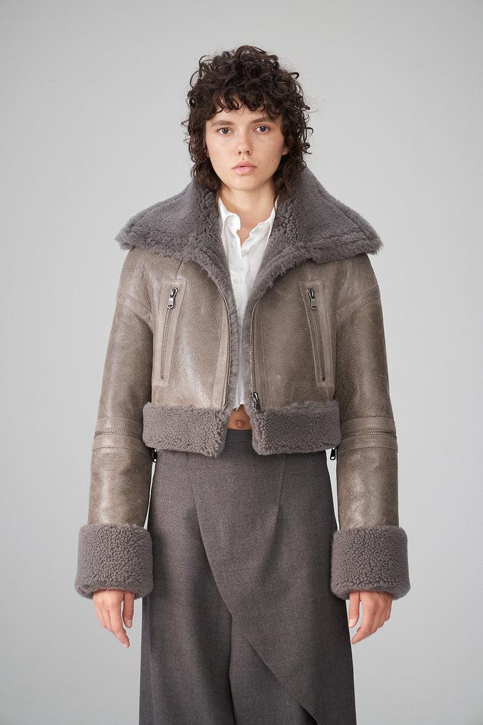 Vespucci By Vsp Mari - Veste En Peau Lainée Grise