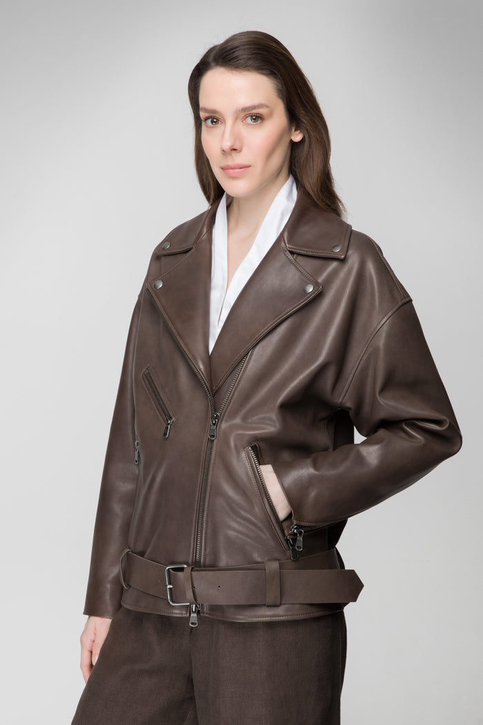 Vespucci By Vsp Veste En Cuir Brun Nuageux