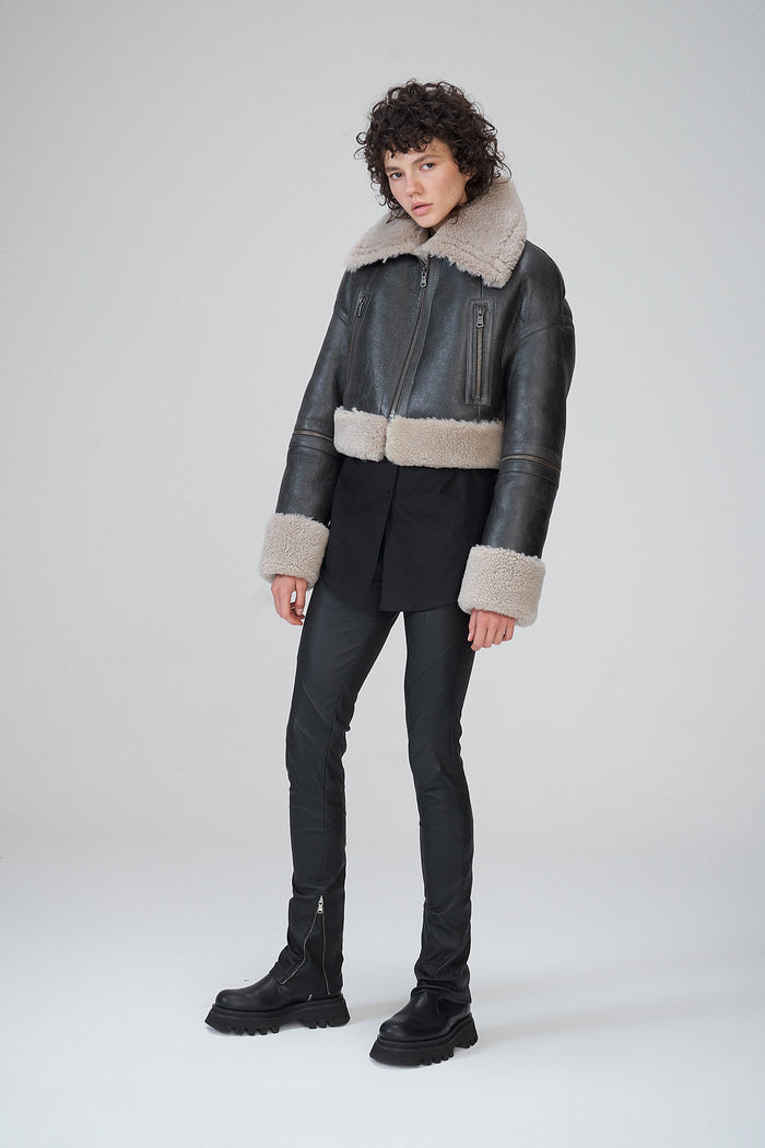 Vespucci By Vsp Veste En Peau Lainée Anthracite