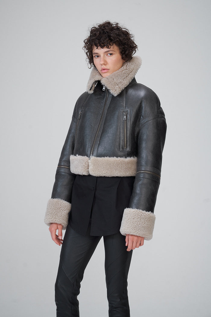 Vespucci By Vsp Veste En Peau Lainée Anthracite