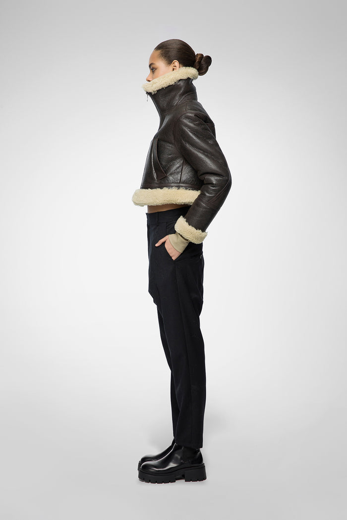 Vespucci By Vsp Veste En Peau Lainée Marron Beige