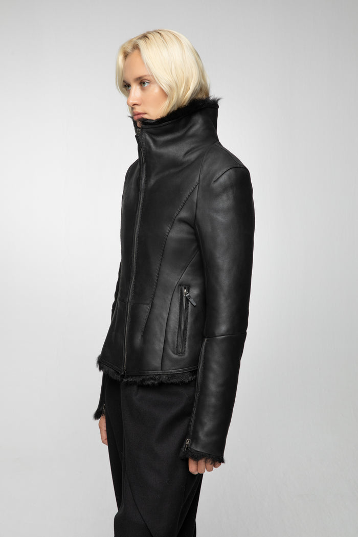 Vespucci By Vsp Veste En Peau Lainée Noire