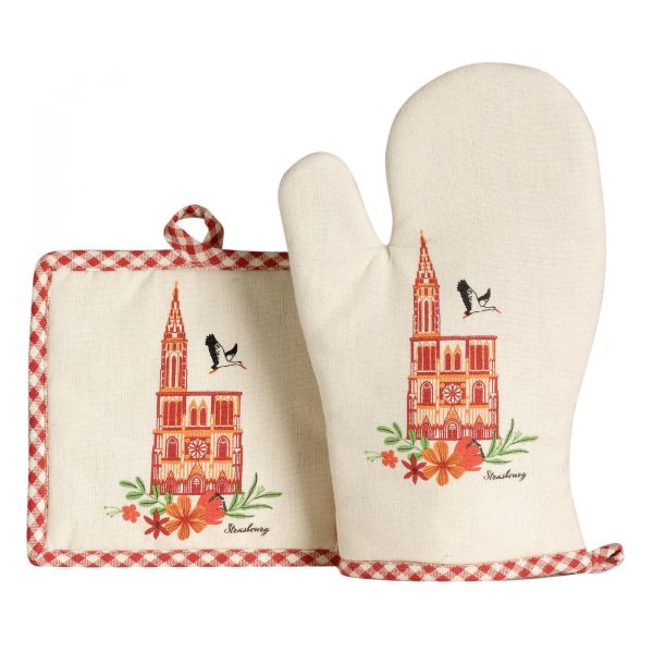 Vivaraise Lot gant de cuisine / manique Cathédrale Rouge/ecru 18 x 28 Cuisine