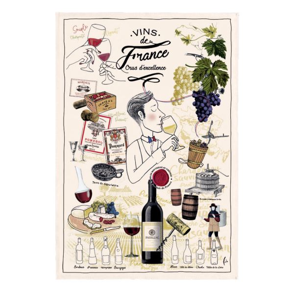 Vivaraise Torchon Imprimé Crus d'excellence Ecru 48 x 72 Fabriqué en France