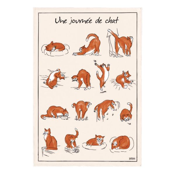 Vivaraise Torchon Imprime Journée de Chat Ecru 48 X 72 Fabriqué en France