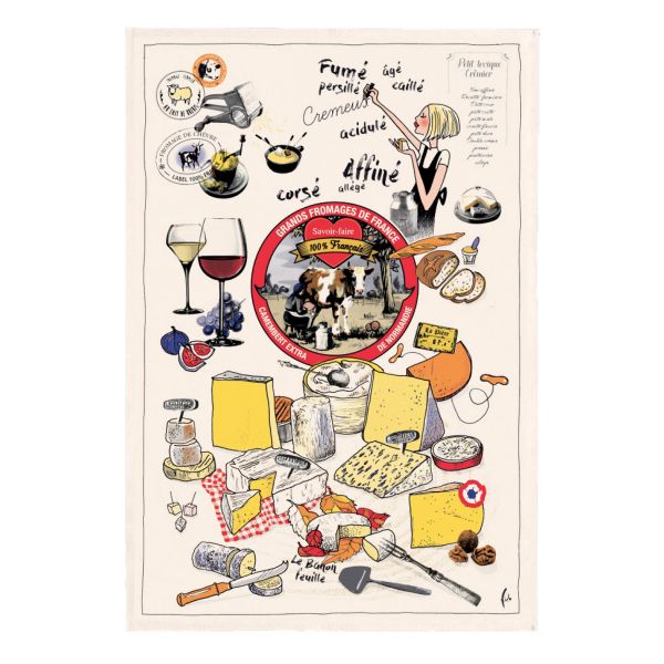 Vivaraise Torchon Imprimé Les grands fromages Ecru 48 x 72 Fabriqué en France