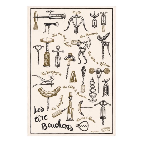 Vivaraise Torchon Imprimé Les tire-bouchons Ecru 48 x 72 Fabriqué en France