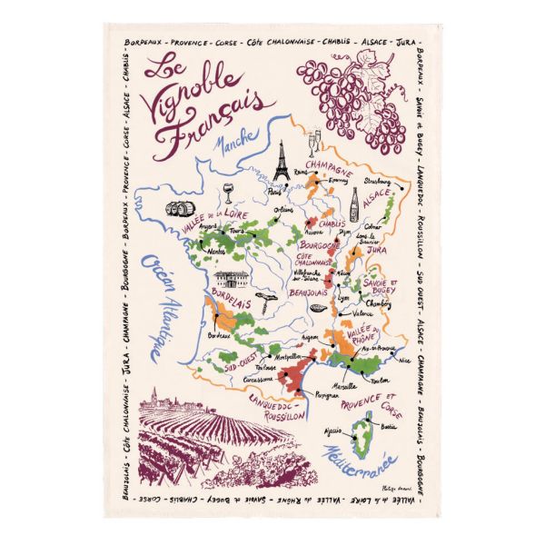 Vivaraise Torchon La Carte Des Vins de France Brun 72 X 48 Fabriqué en France