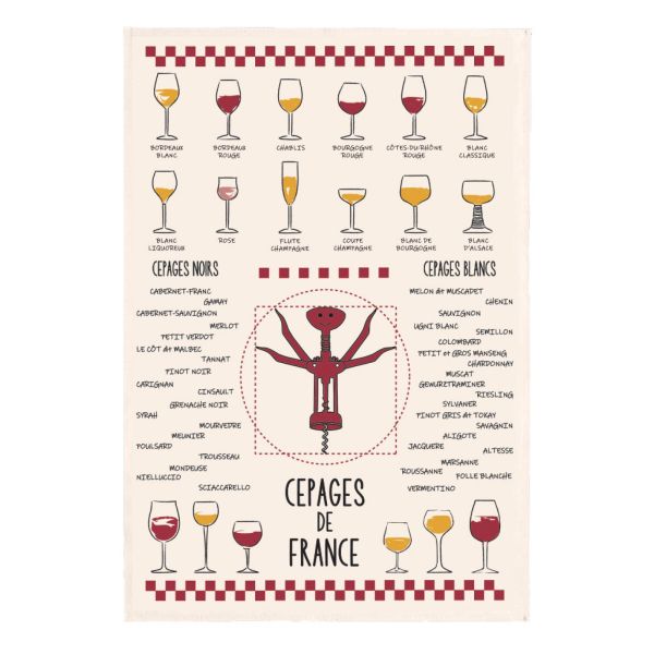 Vivaraise Torchon Vins et cépages Ecru 50 x 70 Fabriqué en France