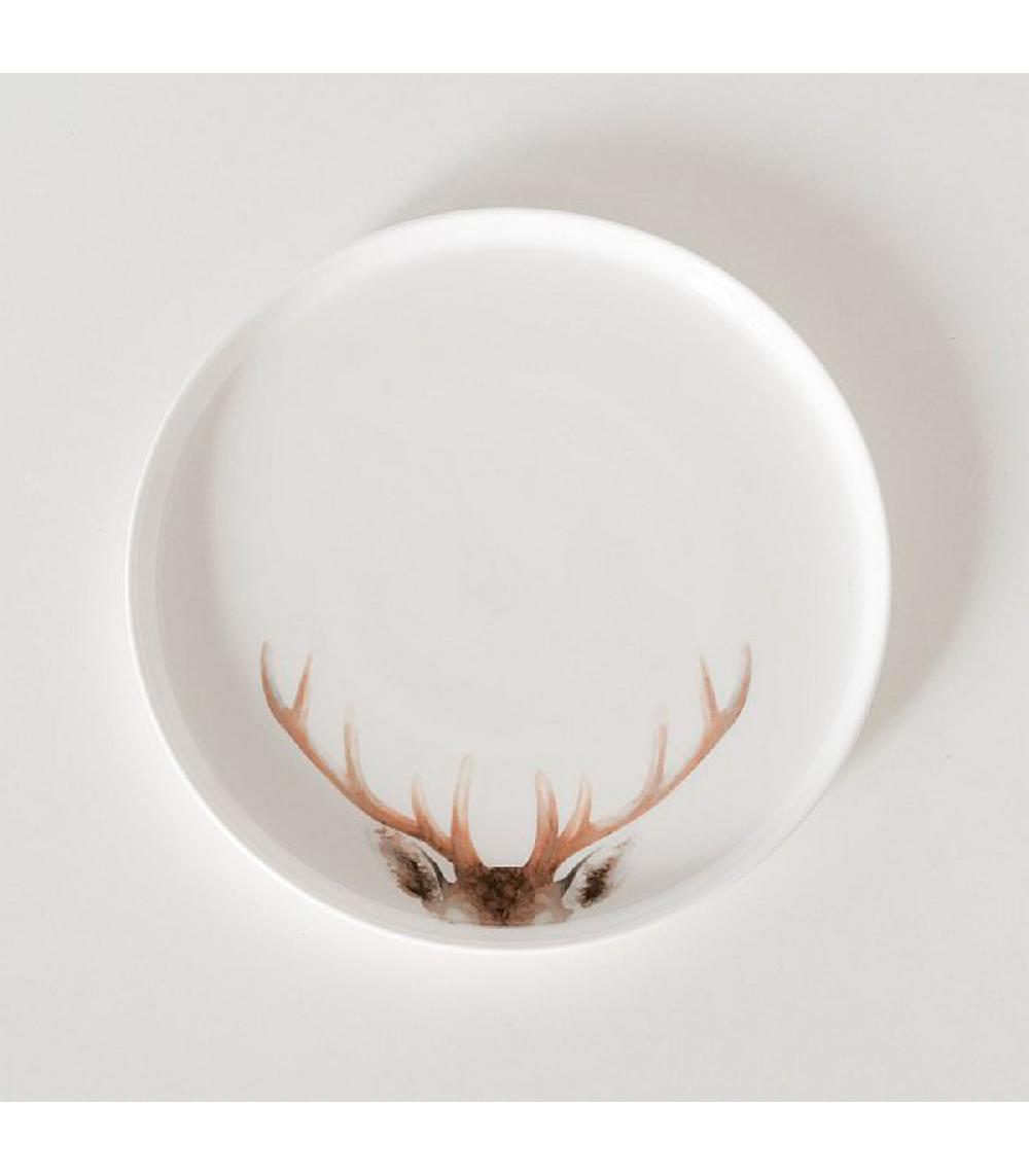 Wadiga Assiette à Dessert En Céramique Blanche Motif Cerf 21x21x2cm