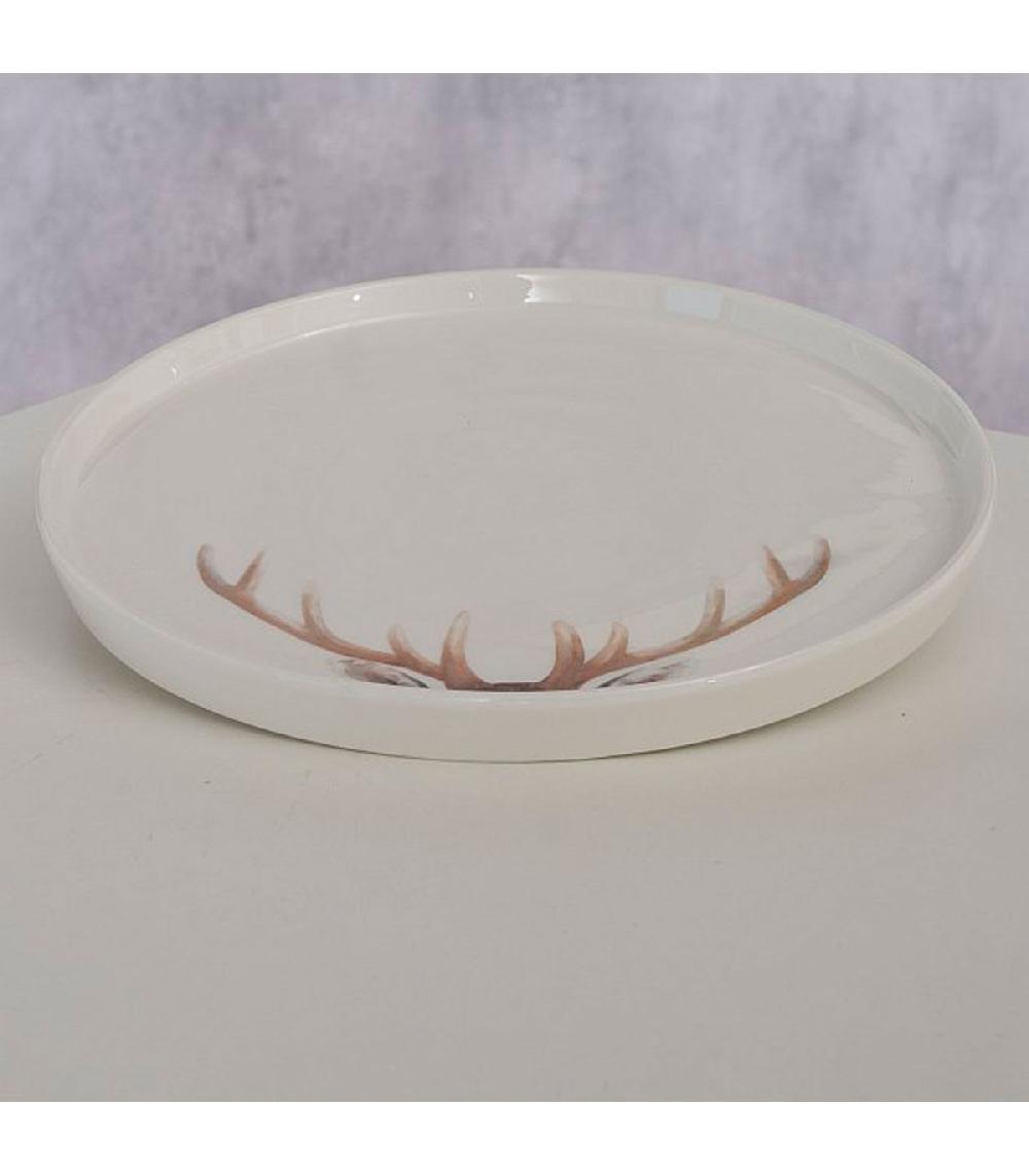 Wadiga Assiette à Dessert En Céramique Blanche Motif Cerf 21x21x2cm